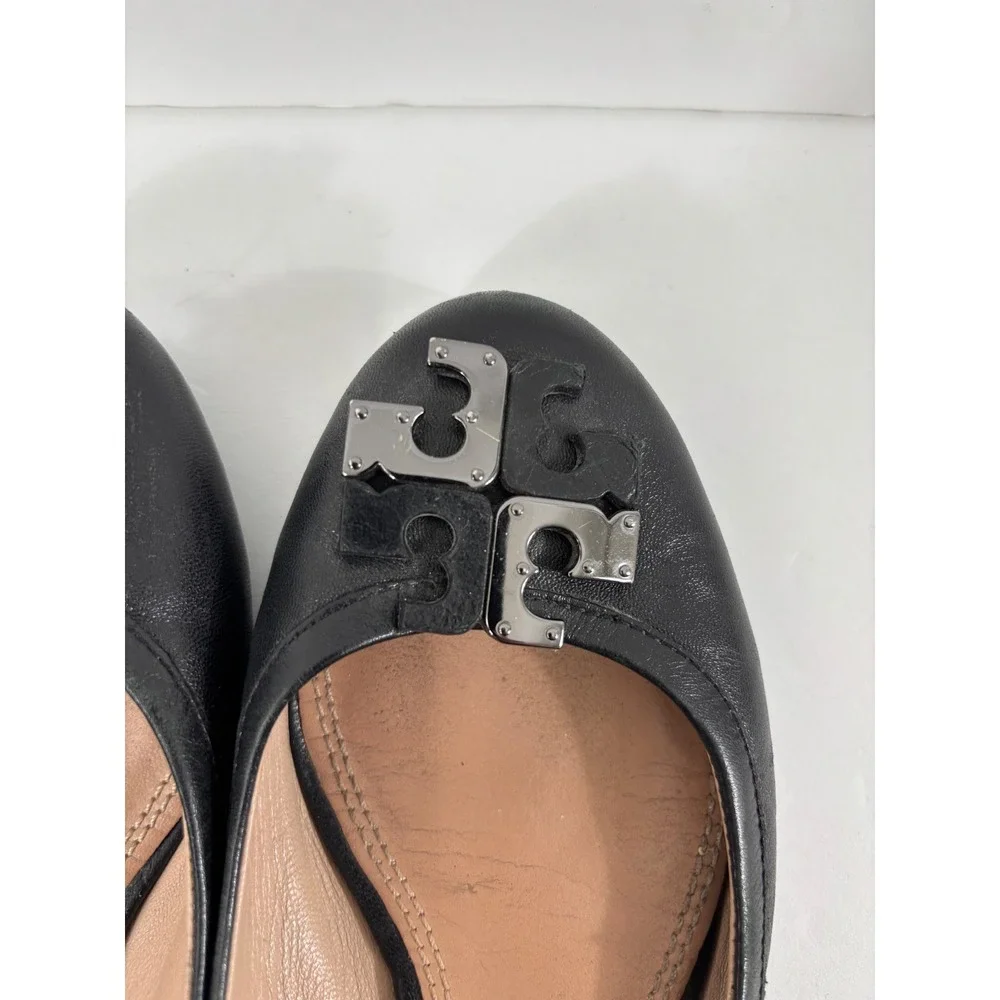 Tory Burch Black Lowell Leather Ballet Flats Embellished Logo Size 7 M‎
